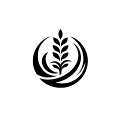 Elegant Black and White Logo of Wheat Stalk within a Crescent-Framed Circle with a Subtle Drop Shadow, Representing Harvest, Agriculture, and Nature's Bounty.