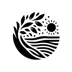 A stylized, minimalist black and white circular illustration depicting a landscape: a sun, water, and foliage.