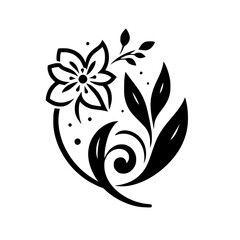 A minimalist black and white floral design features a stylized flower, leaves, and swirling elements on a clean white backdrop, evoking elegance.