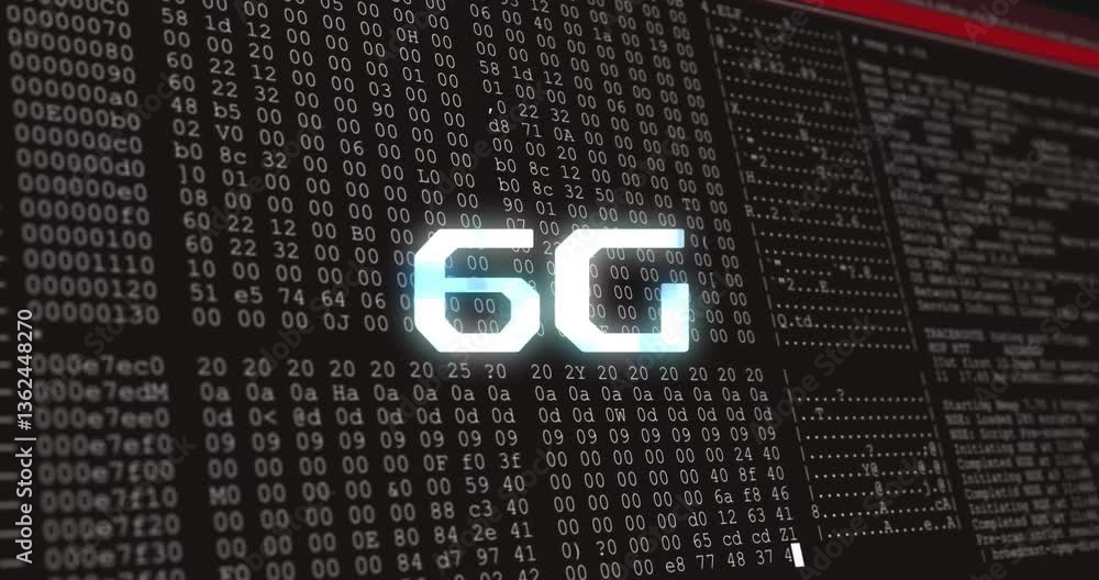 Poster 6G animation over digital binary code with data processing background