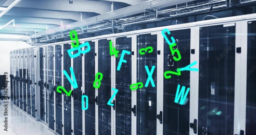 Poster neon numbers and letters animation over server racks in data center