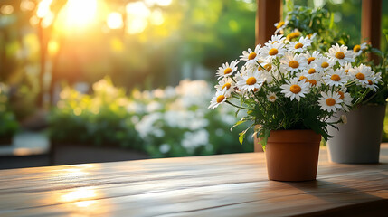 Fototapeta premium Daisies in pot on a wood surface, with soft sunlight and greenery in the background