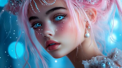 Enchanting Pink Haired Girl Captured in Ethereal Light Fantasy Realm Portrait Photography Dreamlike Environment