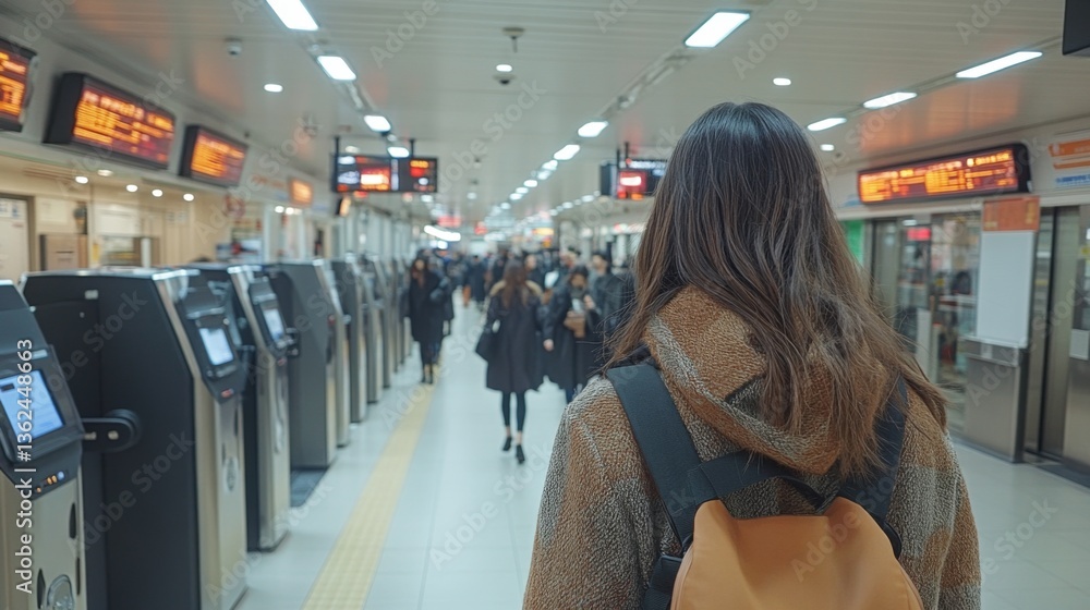 Aufkleber Commuters move through a bustling transportation station featuring automated ticket machines and monitors displaying train information during peak travel time.