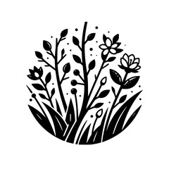 Black and white circular illustration showcasing stylized flora, including grass, flowers, leaves, and berries, arranged in a symmetrical design on a white backdrop.