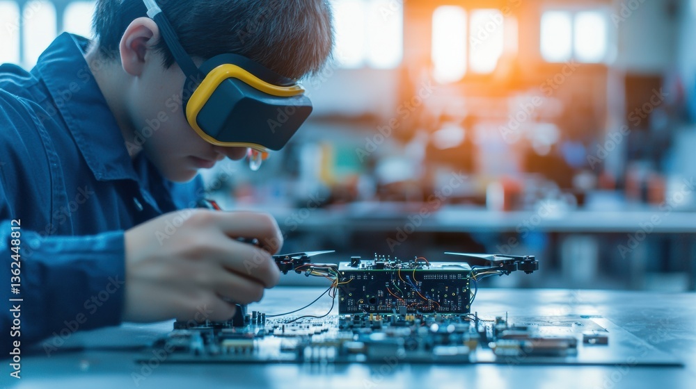 Poster technician using virtual reality on circuit board repair.