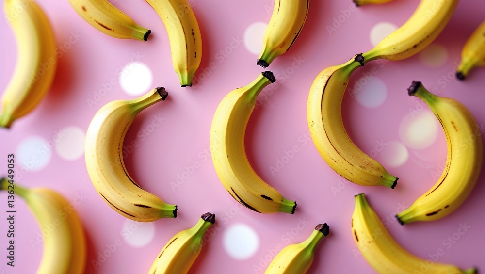 Poster ripe bananas scattered on a soft pink background create a vibrant and playful display of fruit