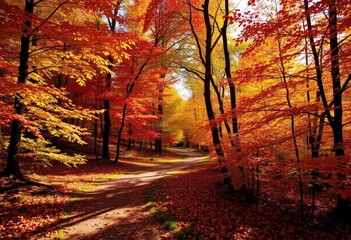 Sun-dappled path winds through vibrant autumn forest, leaves in rich hues, texture, trail
