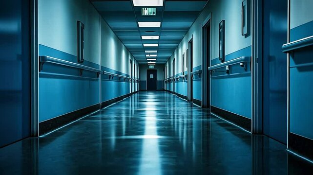 Gloomy and Silent Hospital Corridor with Dim Lighting Creating an Eerie Atmosphere