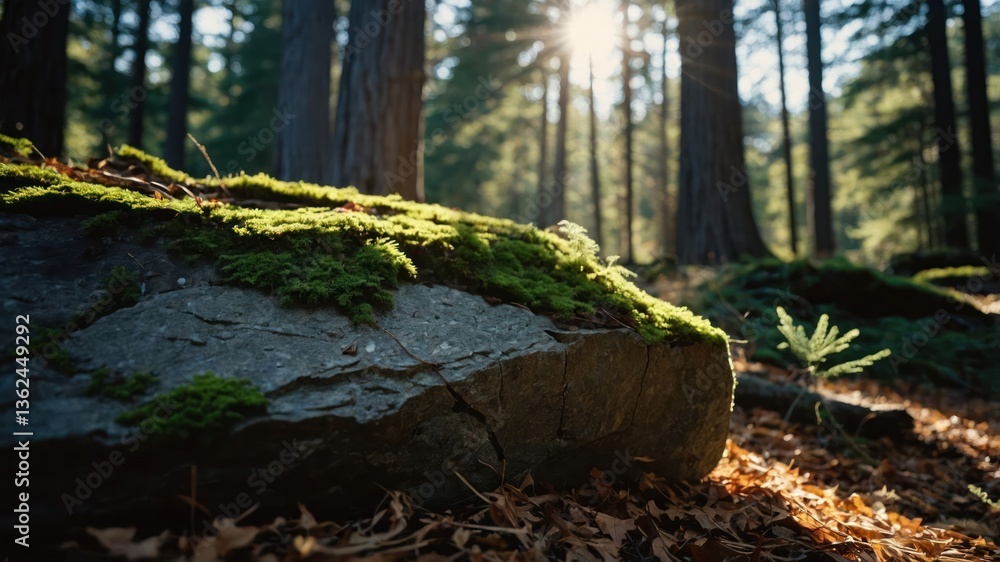 Aufkleber a serene forest scene with sunlight filtering through trees and moss-covered rock.