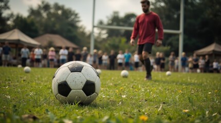 Wide close-up of soccer ball on green grass, blurred player, bright daylight, lively sports texture
