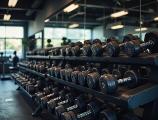 Obraz premium Rack with dumbbells and barbells in modern gym, mirrors, bright light, clean energetic fitness vibe.