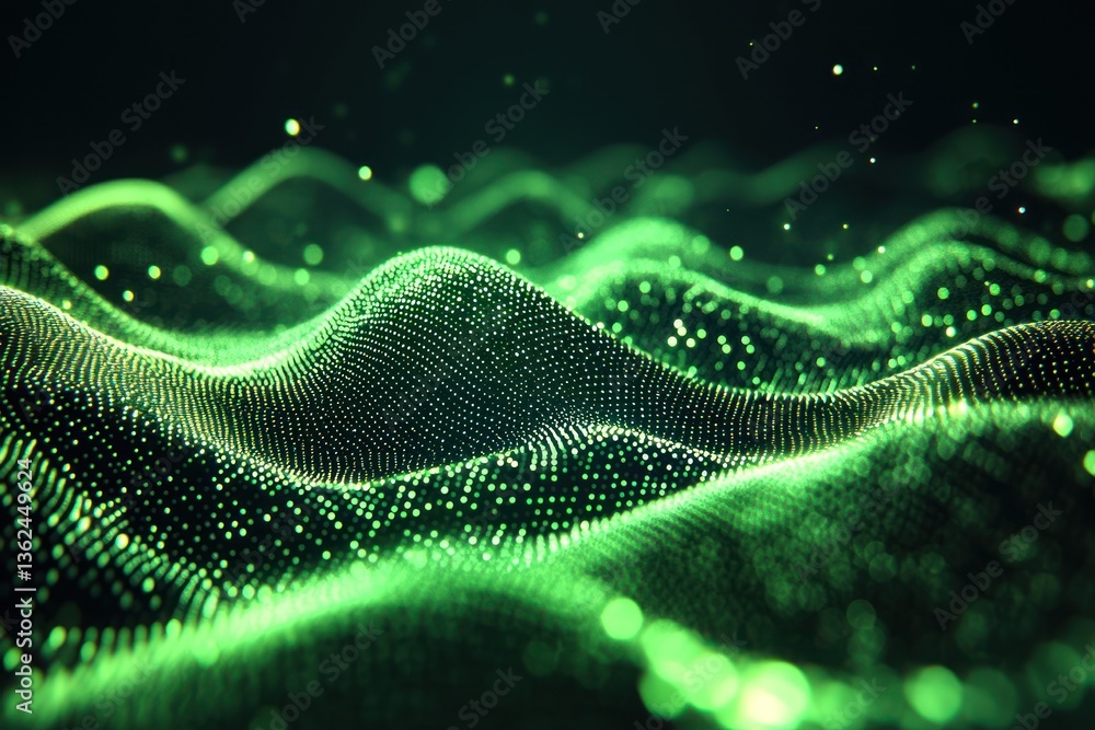 Poster green wave patterns with glowing dots creating a digital landscape
