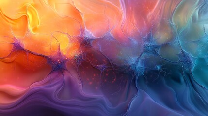 Fototapeta premium Neural network art with interconnected, glowing nodes and lines, displayed on a smooth, abstract backdrop of flowing colors