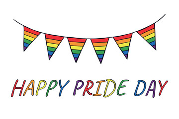 Fototapeta premium Colorful garland Gay pride flag Happy pride day LGBTQIA community Pride Month Vector hand drawn doodle for posters, stickers, logo, cards