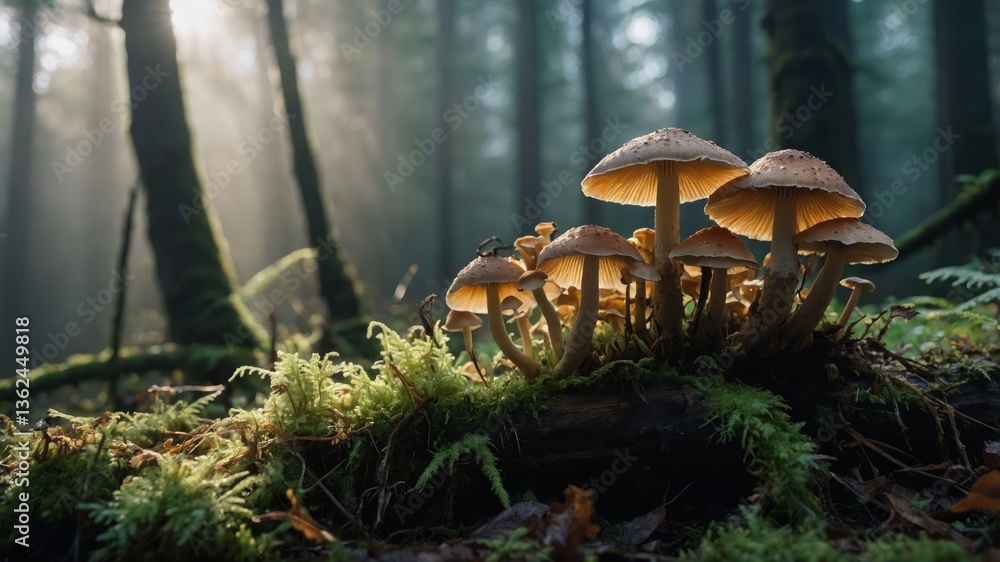 Poster a serene forest scene featuring clusters of mushrooms illuminated by soft sunlight.