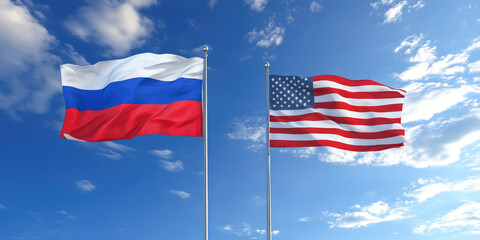 Fototapeta premium Russian and american flags waving against blue sky
