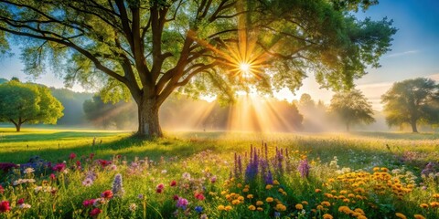 A majestic tree stands tall in a vibrant meadow, bathed in the golden rays of the morning sun, casting a warm glow over the colorful wildflowers and lush green grass.
