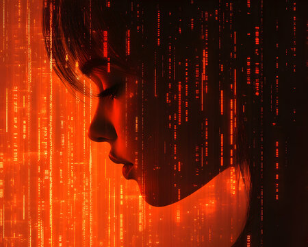 Digital face with warm red matrix over