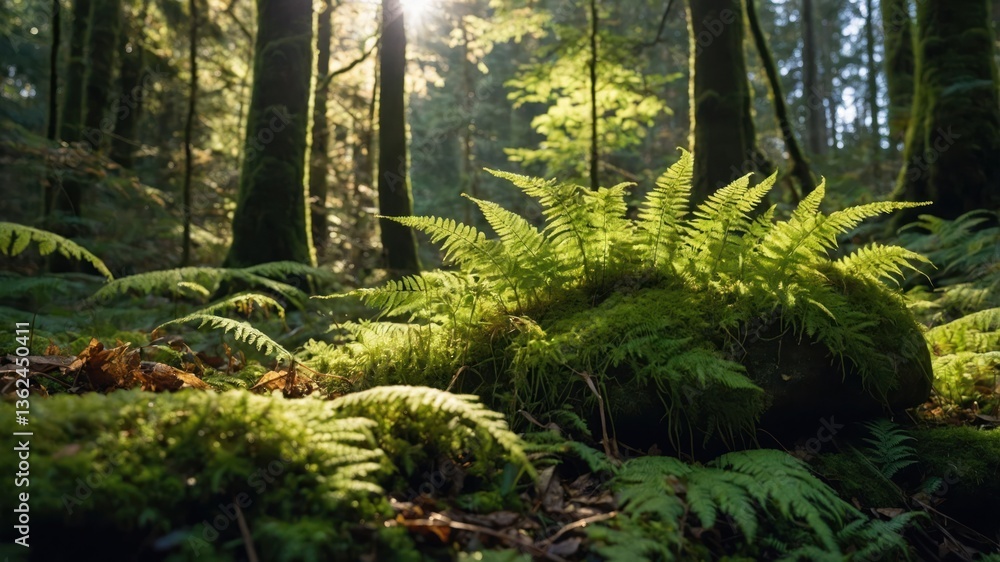 Poster a serene forest scene with ferns and sunlight filtering through trees.