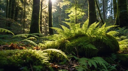 Fototapeta premium A serene forest scene with ferns and sunlight filtering through trees.