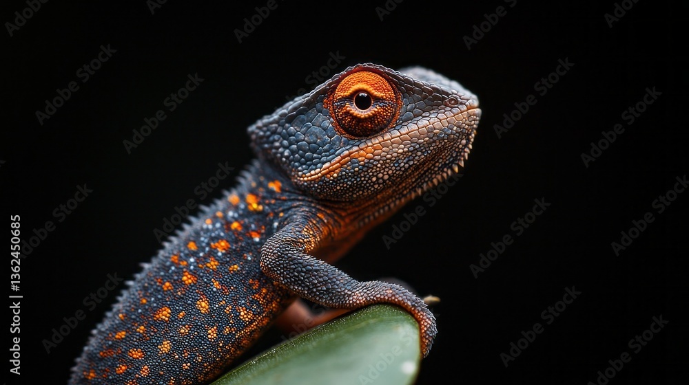 Poster a striking lizard with vivid orange and blue patterns sits on a green leaf, its intricate texture an