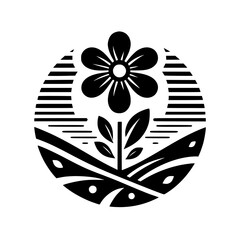 Elegant black and white floral logo featuring a stylized flower and leaves within a circular frame with textured background, perfect for branding.