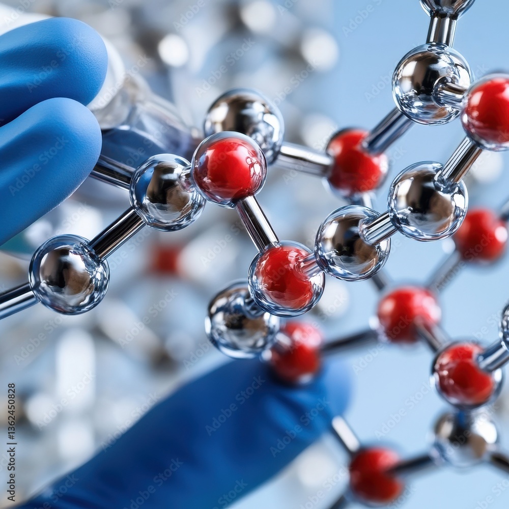 Poster a scientist is holding a model of a molecule with a red ball in the middle