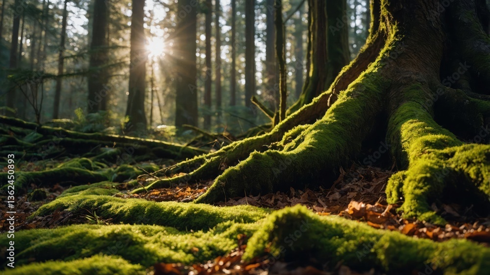Poster a serene forest scene with sunlight filtering through trees and moss-covered roots.