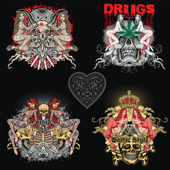 set, gothic sign with skull and sexy tattooed girls, grunge vintage design t shirt