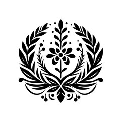 Intricate floral emblem, symmetric design, featuring a central flower, surrounded by leaves and berries, rendered in bold black against a pristine white backdrop.