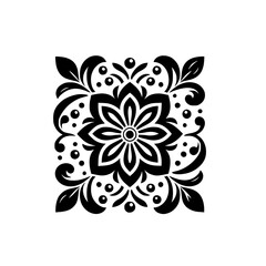 Intricate Black and White Floral Mandala Design with a Central Petal Motif, Embellished with Leaves, Swirls, and Rounded Ornaments, Set Against a Pure White Background.