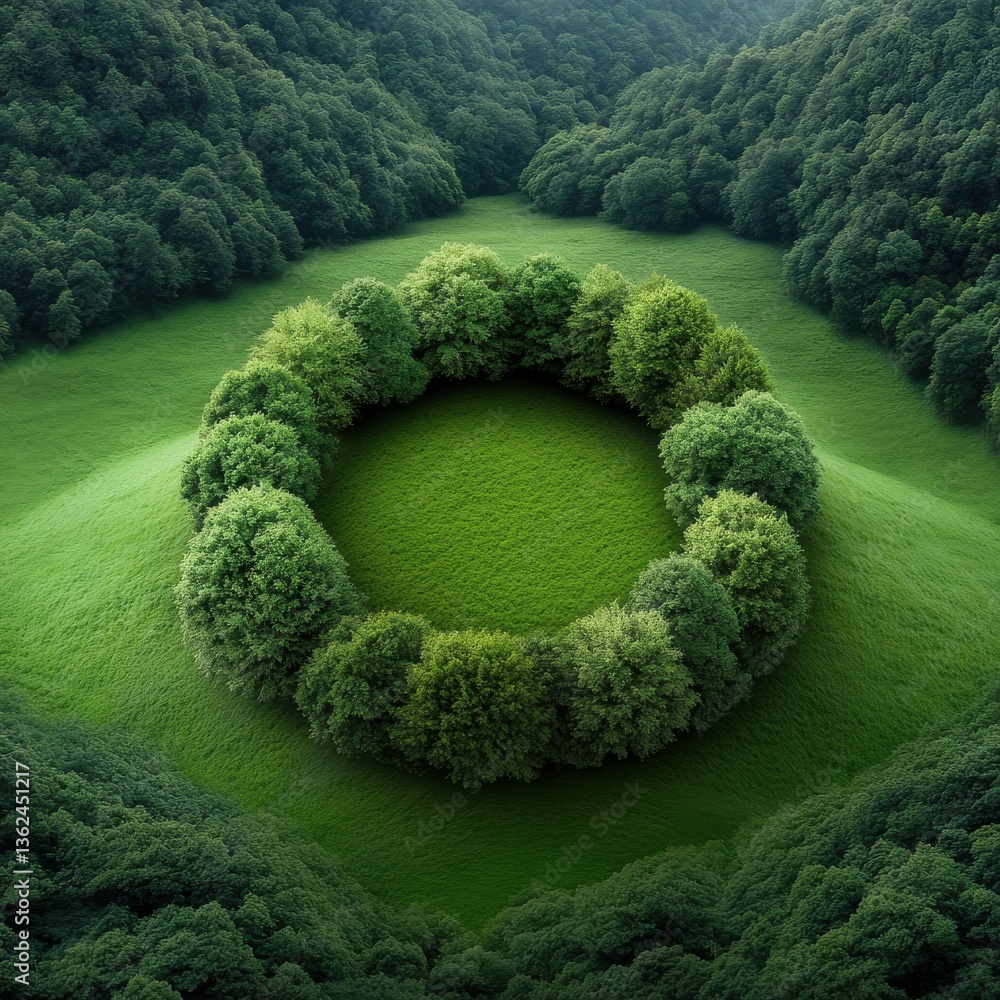 Poster a large circle of trees is surrounded by a green field