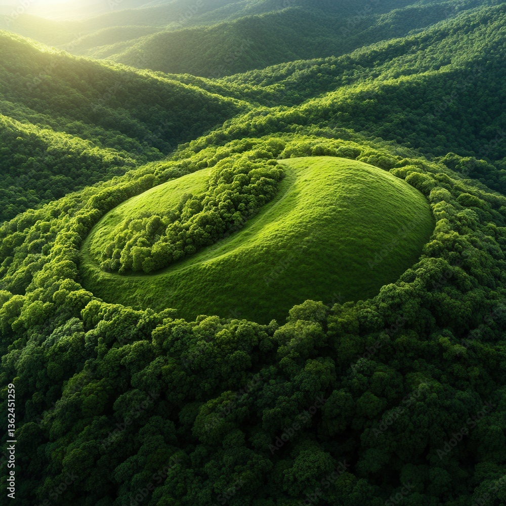 Aufkleber a large green hill with trees and a small circle in the middle