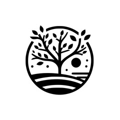 A minimalist, monochrome emblem featuring a stylized tree within a circle, evoking nature and tranquility, with a gentle landscape.