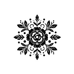 Intricate Floral Mandala Design: A Symmetrical Black and White Illustration, Featuring Detailed Petals, Leaves, and Dots, Against a Clean White Backdrop.