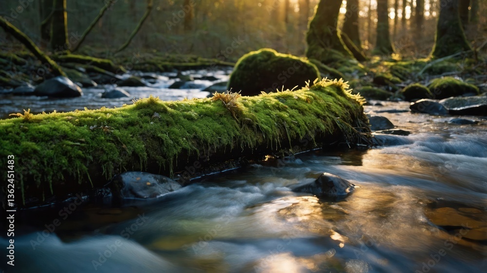 Poster a serene forest scene with a moss-covered log over a flowing stream at sunset.