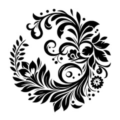 Intricate Black Floral Design on White, a circular, symmetrical composition of leaves, swirls, and blossoms, evoking elegance and ornamentation.