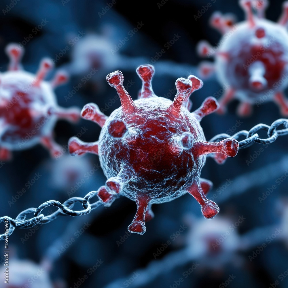Poster a close up of a red virus with a chain of other viruses surrounding it
