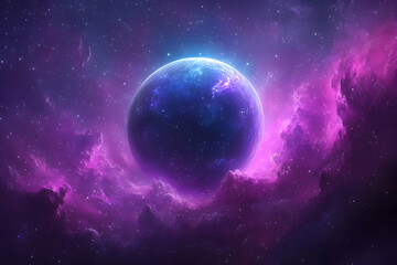 Fototapeta premium Distant blue sphere surrounded by vibrant purple, pink nebula in starry cosmos