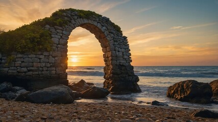 A stone archway frames a sunset over the ocean, creating a serene coastal landscape.