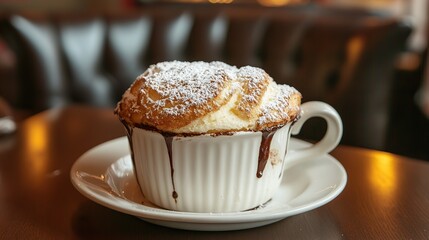 Chocolate souffle with a soft, fluffy exterior, finished with powdered sugar and warm chocolate interio