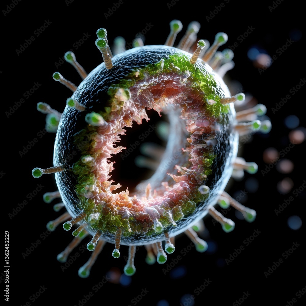Poster a virus is shown in a close up of its outer shell