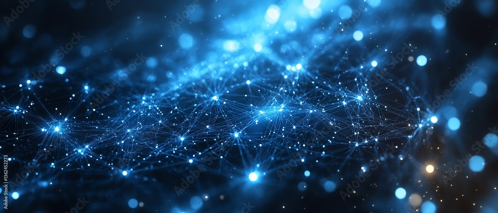 Poster abstract blue digital network, glowing lines and nodes, connected data points, futuristic pattern, d