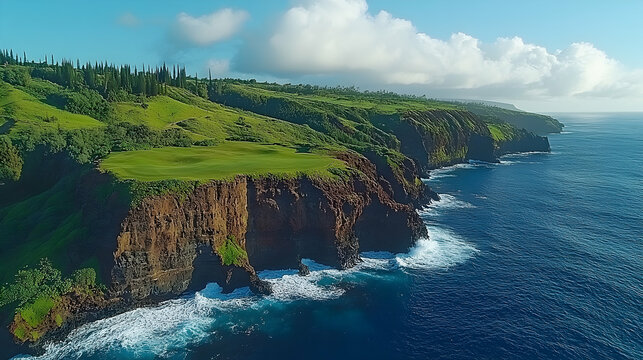Coastal scene with cliffs a verdant golf course and ocean waves under a bright sky with scattered clouds