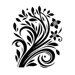 A symmetrical black and white floral illustration featuring stylized leaves, swirling lines, and two decorative blossoms, creating a balanced and ornamental design against a plain white background.