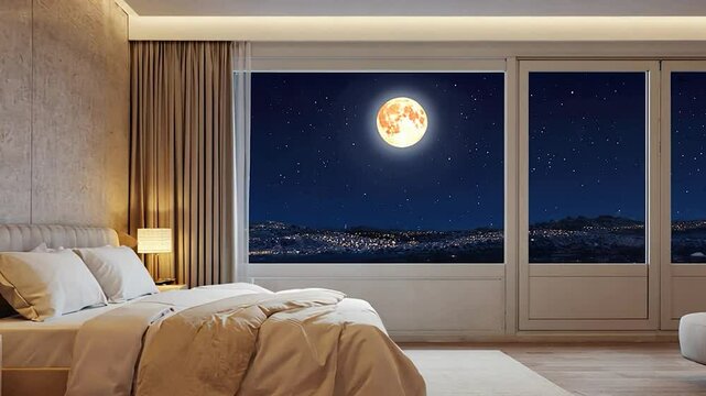 Luxurious bedroom interior with a large window view of a full moon over a cityscape at night