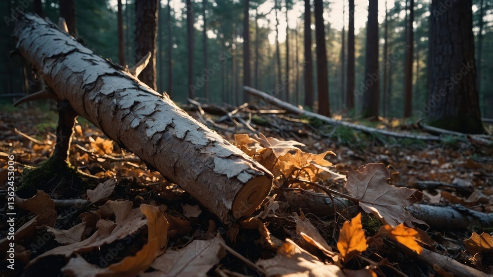 Poster a serene forest scene with a fallen log and autumn leaves illuminated by soft sunlight.