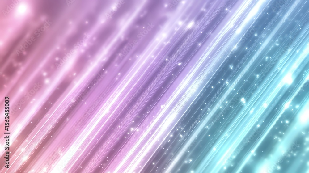 Poster diagonal light streaks in pink, purple and blue gradient with glowing particles and lens flares crea