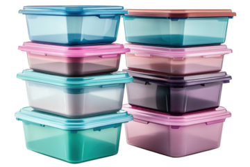 Colorful stacked storage containers promising an organized pantry or fridge showcasing freshness and convenience with soft studio lighting on black.